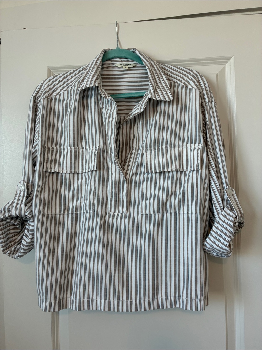 Max Studio Beige & White Striped Button-Down Shirt